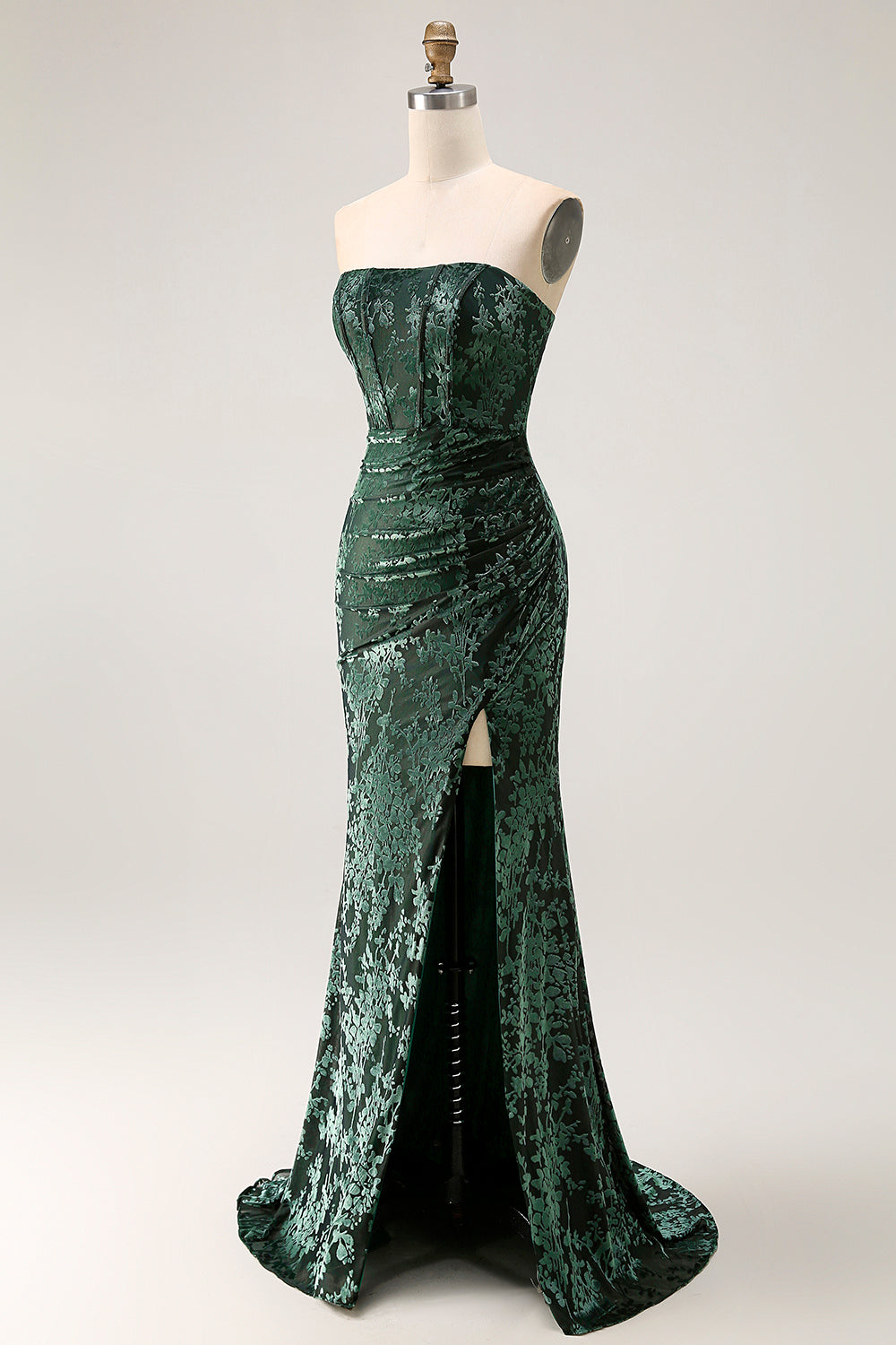 Strapless Peacock Green Corset Burnout Velvet Bridesmaid Dress with Slit