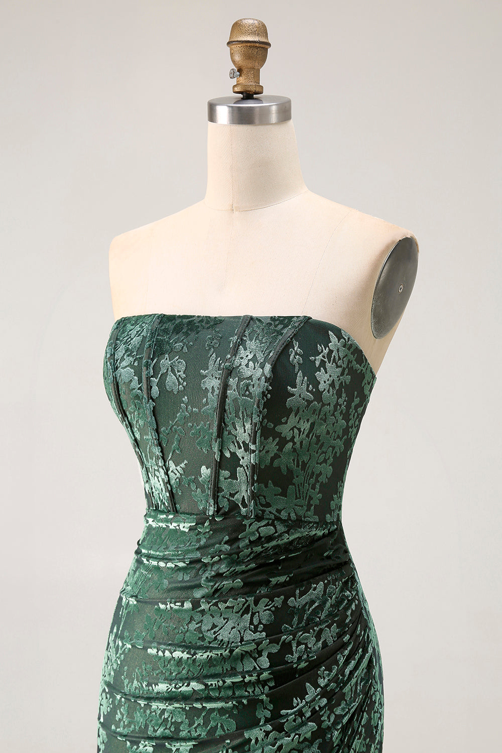 Strapless Peacock Green Corset Burnout Velvet Bridesmaid Dress with Slit