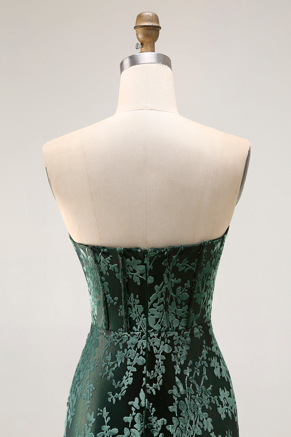 Strapless Peacock Green Corset Burnout Velvet Bridesmaid Dress with Slit