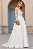 A Line Boat Neck Sweep Train Ivory Wedding Dress with Lace Appliques