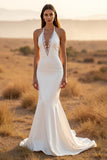 Mermaid Court Train Simple Stretch Satin Ivory Wedding Dress with Lace