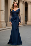 Navy Chiffon Mermaid V-Neck Long Mother of the Bride Dress with Lace Appliques