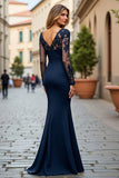 Navy Chiffon Mermaid V-Neck Long Mother of the Bride Dress with Lace Appliques