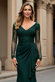 Navy Chiffon Mermaid V-Neck Long Mother of the Bride Dress with Lace Appliques