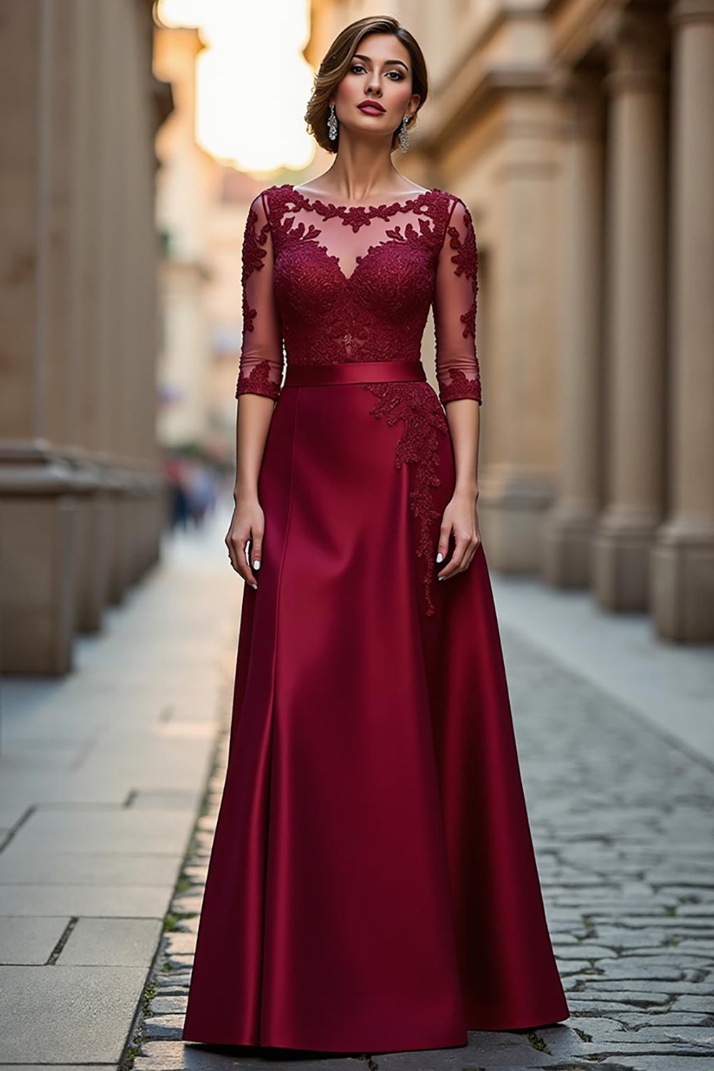 Dark Red A Line Illusion Neck Long Mother of the Bride Dress with Lace Appliques