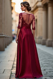 Dark Red A Line Illusion Neck Long Mother of the Bride Dress with Lace Appliques