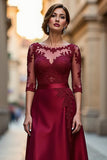 Dark Red A Line Illusion Neck Long Mother of the Bride Dress with Lace Appliques