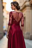 Dark Red A Line Illusion Neck Long Mother of the Bride Dress with Lace Appliques