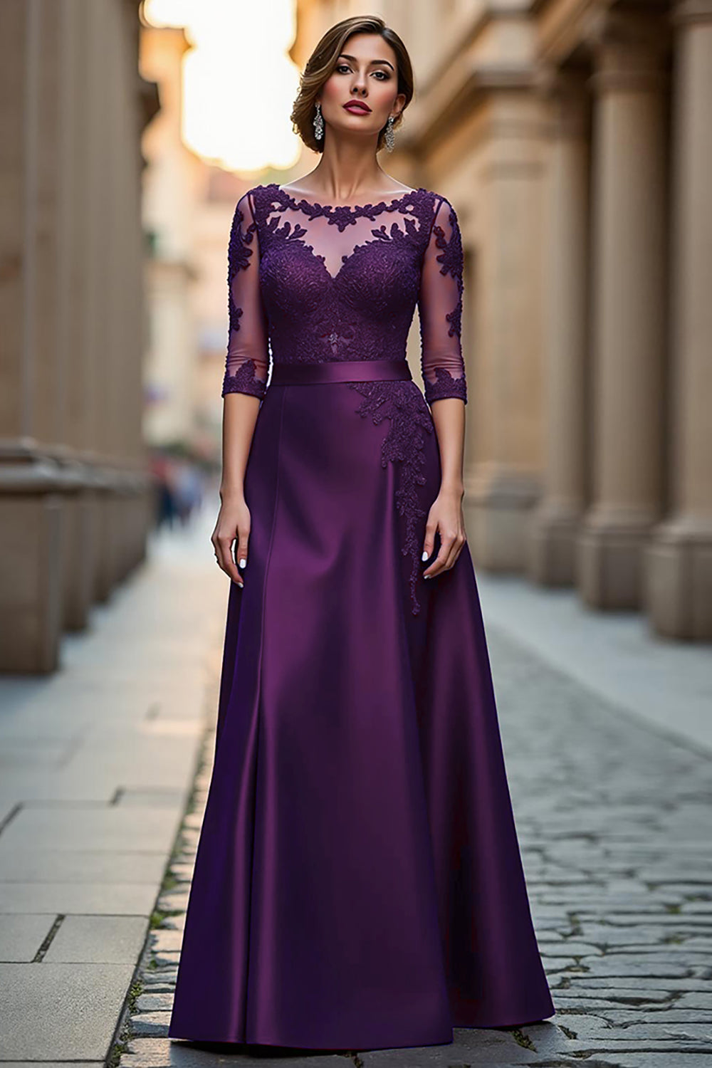 Dark Red A Line Illusion Neck Long Mother of the Bride Dress with Lace Appliques