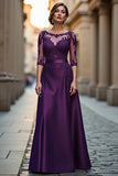 Dark Red A Line Illusion Neck Long Mother of the Bride Dress with Lace Appliques