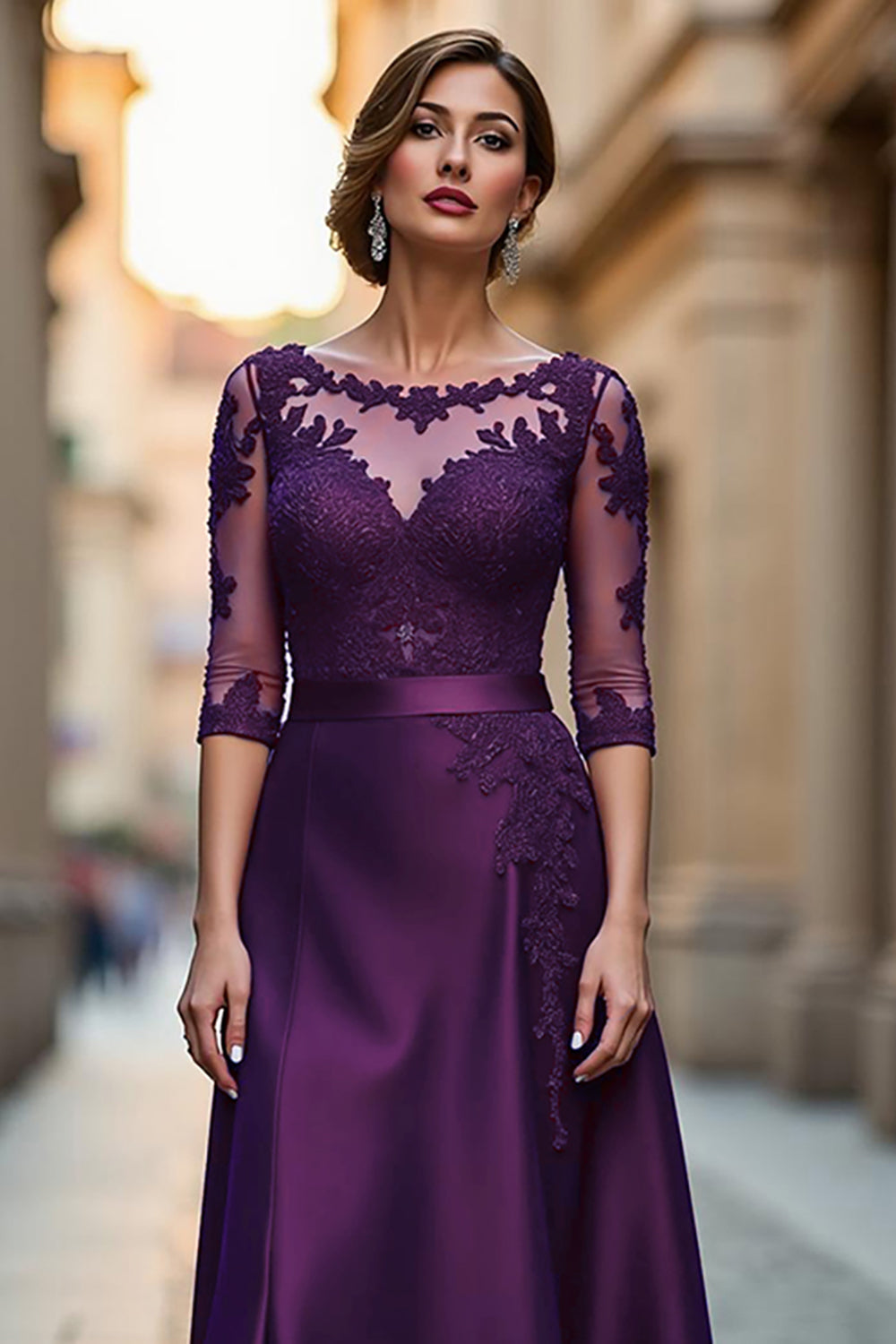 Dark Red A Line Illusion Neck Long Mother of the Bride Dress with Lace Appliques