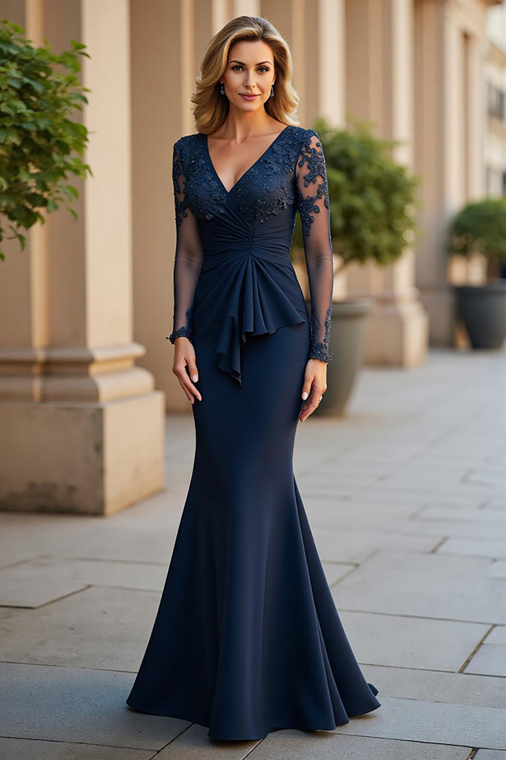 Long Stretch Satin Mermaid V-Neck Navy Mother of the Bride Dress with Lace Appliques