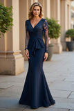 Long Stretch Satin Mermaid V-Neck Navy Mother of the Bride Dress with Lace Appliques
