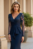 Long Stretch Satin Mermaid V-Neck Navy Mother of the Bride Dress with Lace Appliques