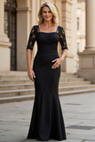 Mermaid Long Stretch Satin Black Mother of the Bride Dress with Lace Appliques
