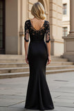 Mermaid Long Stretch Satin Black Mother of the Bride Dress with Lace Appliques