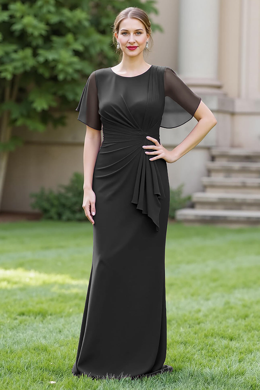 Ruched Sheath Round Neck Long Navy Mother of the Bride Dress with Sash