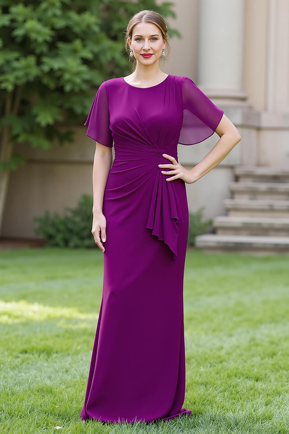 Ruched Sheath Round Neck Long Navy Mother of the Bride Dress with Sash