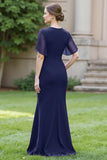 Ruched Sheath Round Neck Long Navy Mother of the Bride Dress with Sash