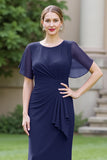 Ruched Sheath Round Neck Long Navy Mother of the Bride Dress with Sash