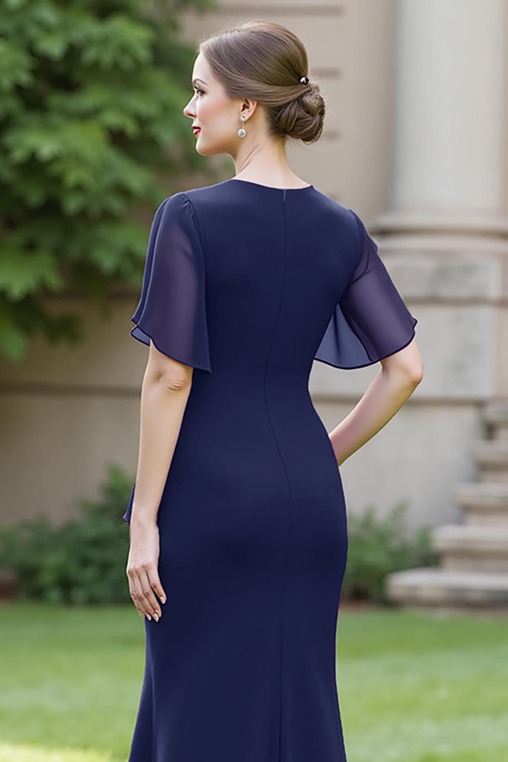 Ruched Sheath Round Neck Long Navy Mother of the Bride Dress with Sash