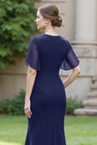 Ruched Sheath Round Neck Long Navy Mother of the Bride Dress with Sash