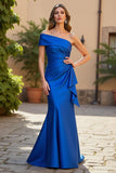 Royal Blue One Shoulder Ruched Satin Mermaid Mother of the Bride Dress
