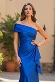 Royal Blue One Shoulder Ruched Satin Mermaid Mother of the Bride Dress