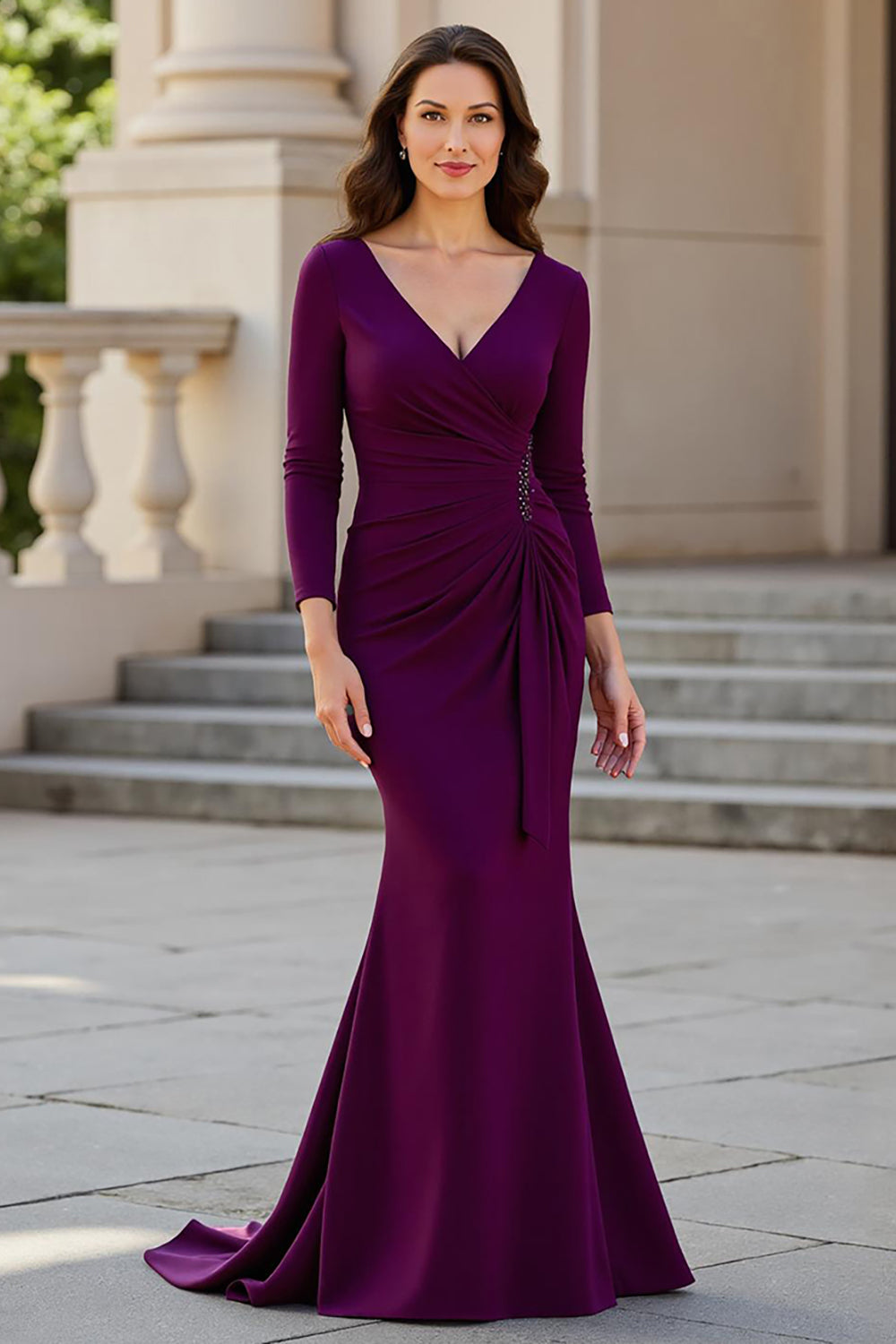 Mermaid V-Neck Stretch Satin Sweep Train Burgundy Mother of the Bride Dress