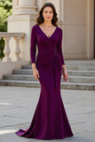 Mermaid V-Neck Stretch Satin Sweep Train Burgundy Mother of the Bride Dress