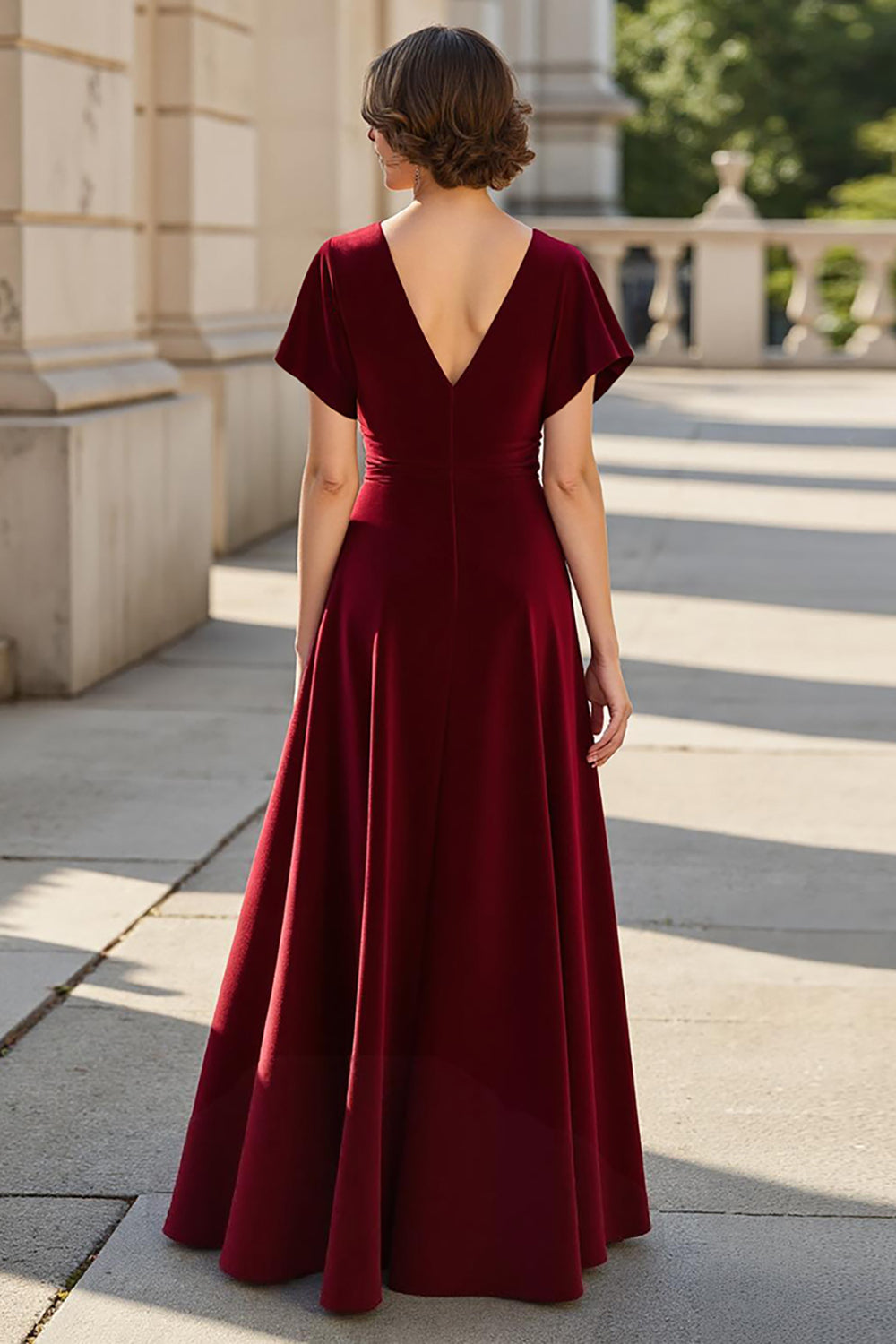 A Line V-Neck Ruched Long Burgundy Mother of the Bride Dress