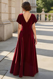 A Line V-Neck Ruched Long Burgundy Mother of the Bride Dress