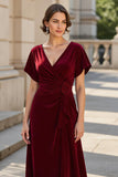 A Line V-Neck Ruched Long Burgundy Mother of the Bride Dress