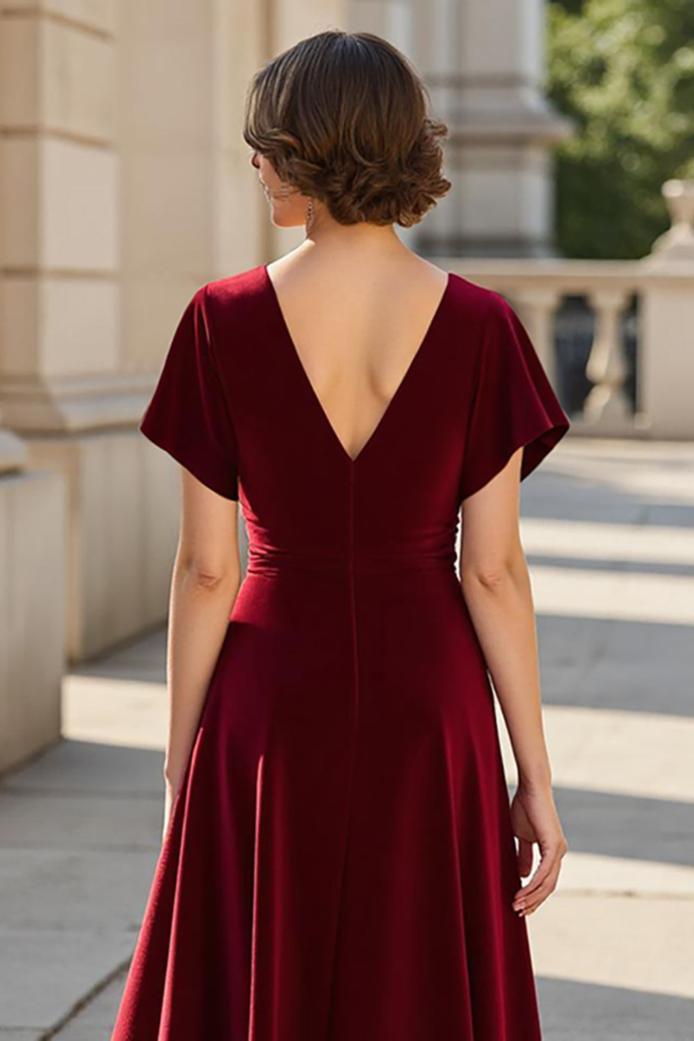 A Line V-Neck Ruched Long Burgundy Mother of the Bride Dress