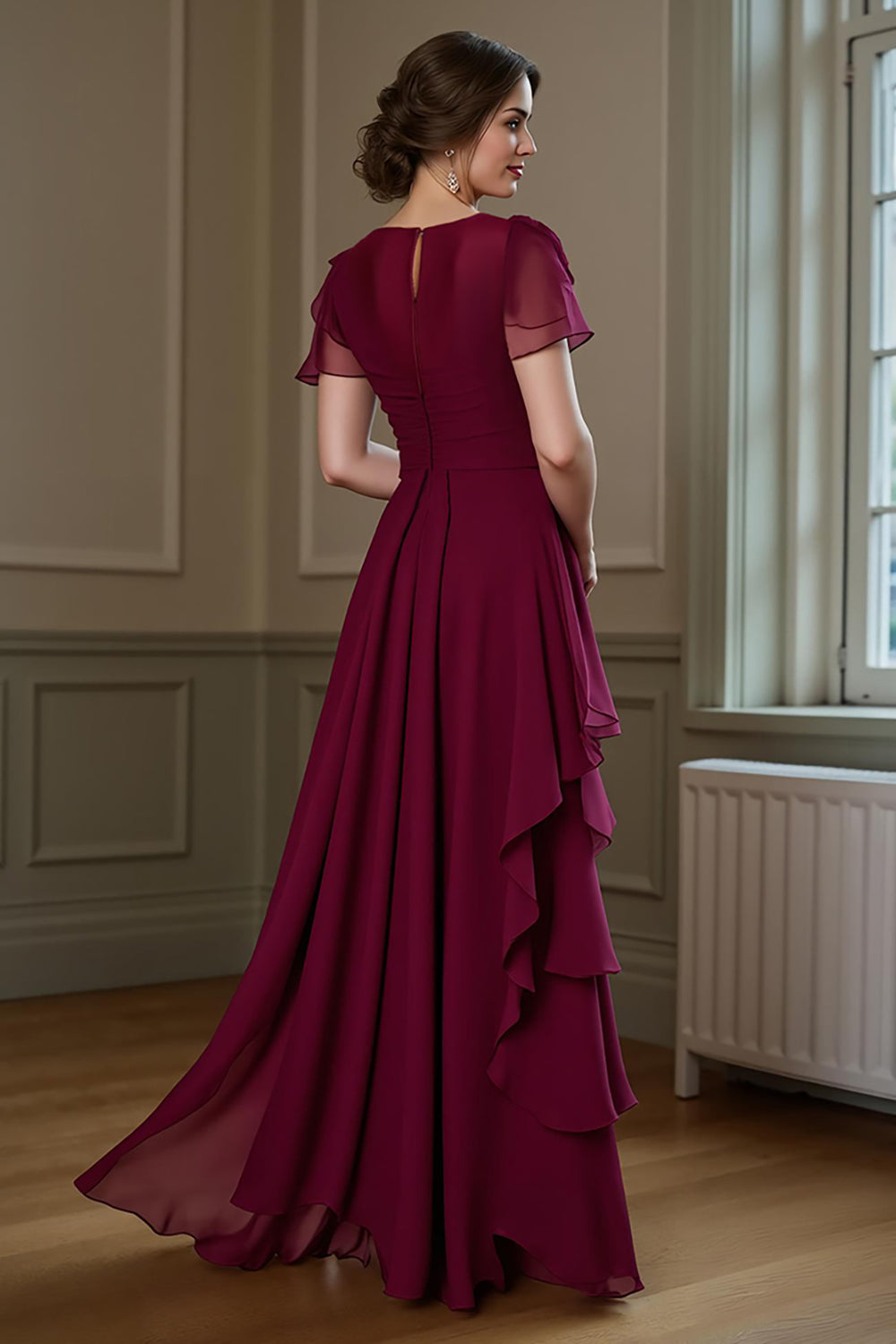A Line Long Chiffon Burgundy Mother of the Bride Dress