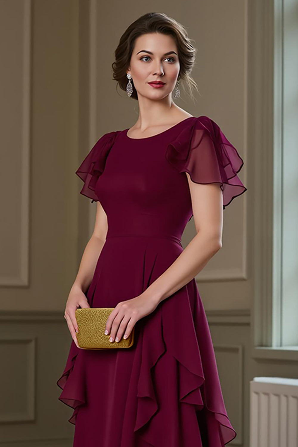 A Line Long Chiffon Burgundy Mother of the Bride Dress