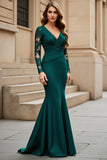 Mermaid V-Neck Long Ruched Pine Mother of the Bride Dress with Lace Appliques