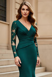 Mermaid V-Neck Long Ruched Pine Mother of the Bride Dress with Lace Appliques