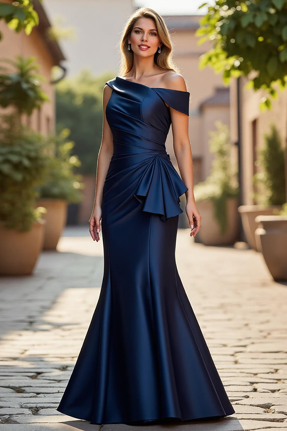 Mermaid Asymmetrical Ruched Long Navy Mother of the Bride Dress