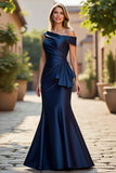 Mermaid Asymmetrical Ruched Long Navy Mother of the Bride Dress
