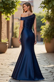 Mermaid Asymmetrical Ruched Long Navy Mother of the Bride Dress