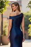 Mermaid Asymmetrical Ruched Long Navy Mother of the Bride Dress