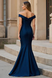 Navy Mermaid Off the Shoulder Long Mother of the Bride Dress