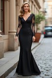 Mermaid V-Neck Long Black Mother of the Bride Dress with Lace Appliques