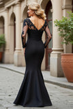 Mermaid V-Neck Long Black Mother of the Bride Dress with Lace Appliques