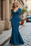 Mermaid V-Neck Long Black Mother of the Bride Dress with Lace Appliques