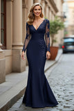 Mermaid V-Neck Long Black Mother of the Bride Dress with Lace Appliques