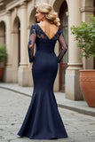 Mermaid V-Neck Long Black Mother of the Bride Dress with Lace Appliques