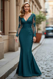 Mermaid V-Neck Long Black Mother of the Bride Dress with Lace Appliques