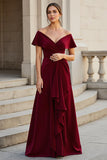 V-Neck Ruched Velvet A Line Burgundy Mother of the Bride Dress